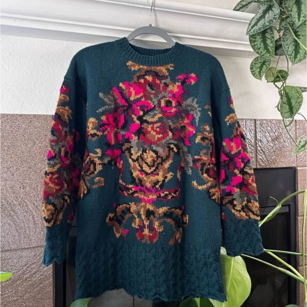 Classiques Entier Teal Floral Jacquard Crewneck Sweater